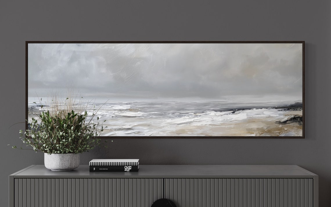 Serene Grey Abstract Ocean Waves Panoramic Seascape Bedroom Poster - Image 5