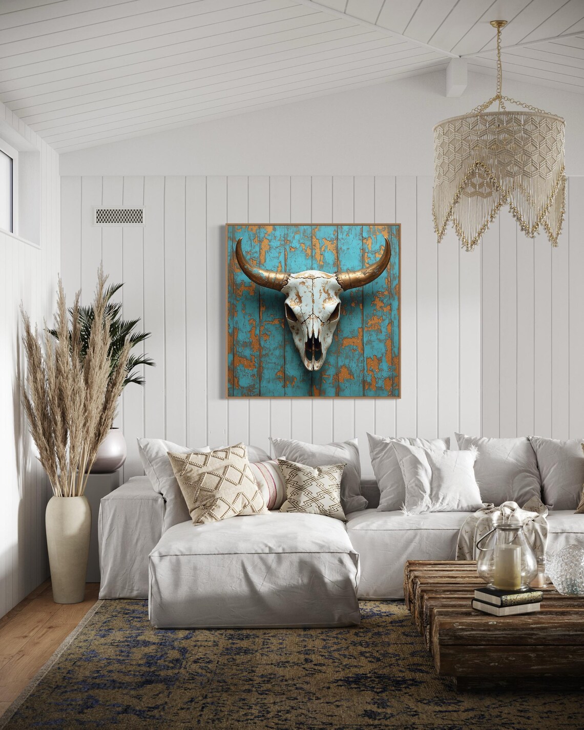 Rustic Bull Skull Gold Horns Turquoise Distressed Wood Southwest Art Print - Image 3