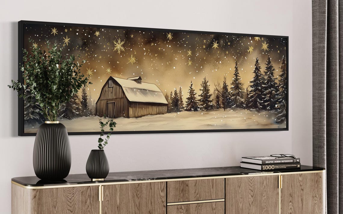 Rustic Snowy Barn Winter Night Golden Snowflakes Farmhouse Wall Art - Image 3