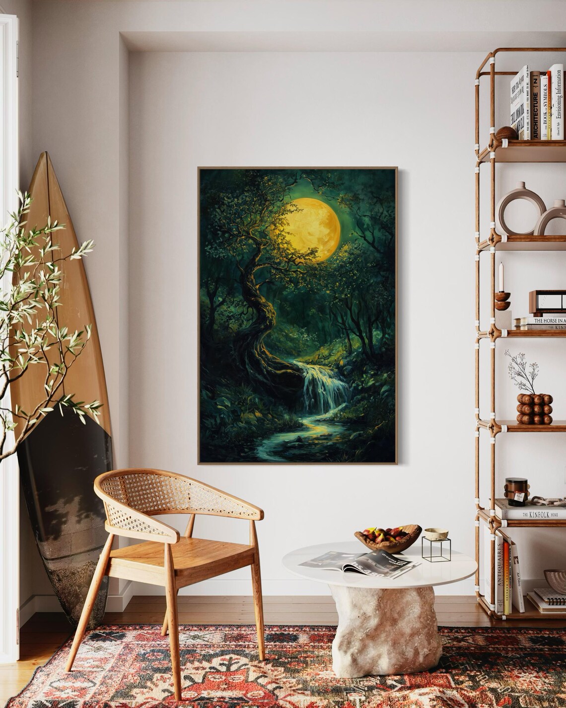 Enchanted Moonlit Forest Wall Art Mystical Full Moon Print With Waterfall Atmospheric Gothic Forest Art And Calming Night Sky Art - Image 3