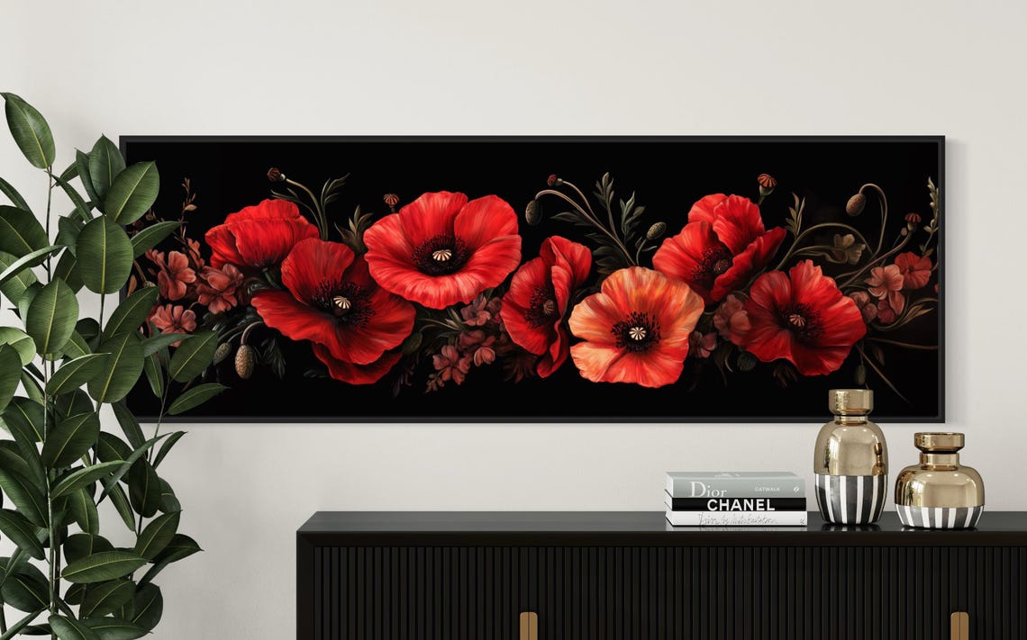Bold Red Poppy Floral Dark Background Panoramic Elegant Poster - Image 5