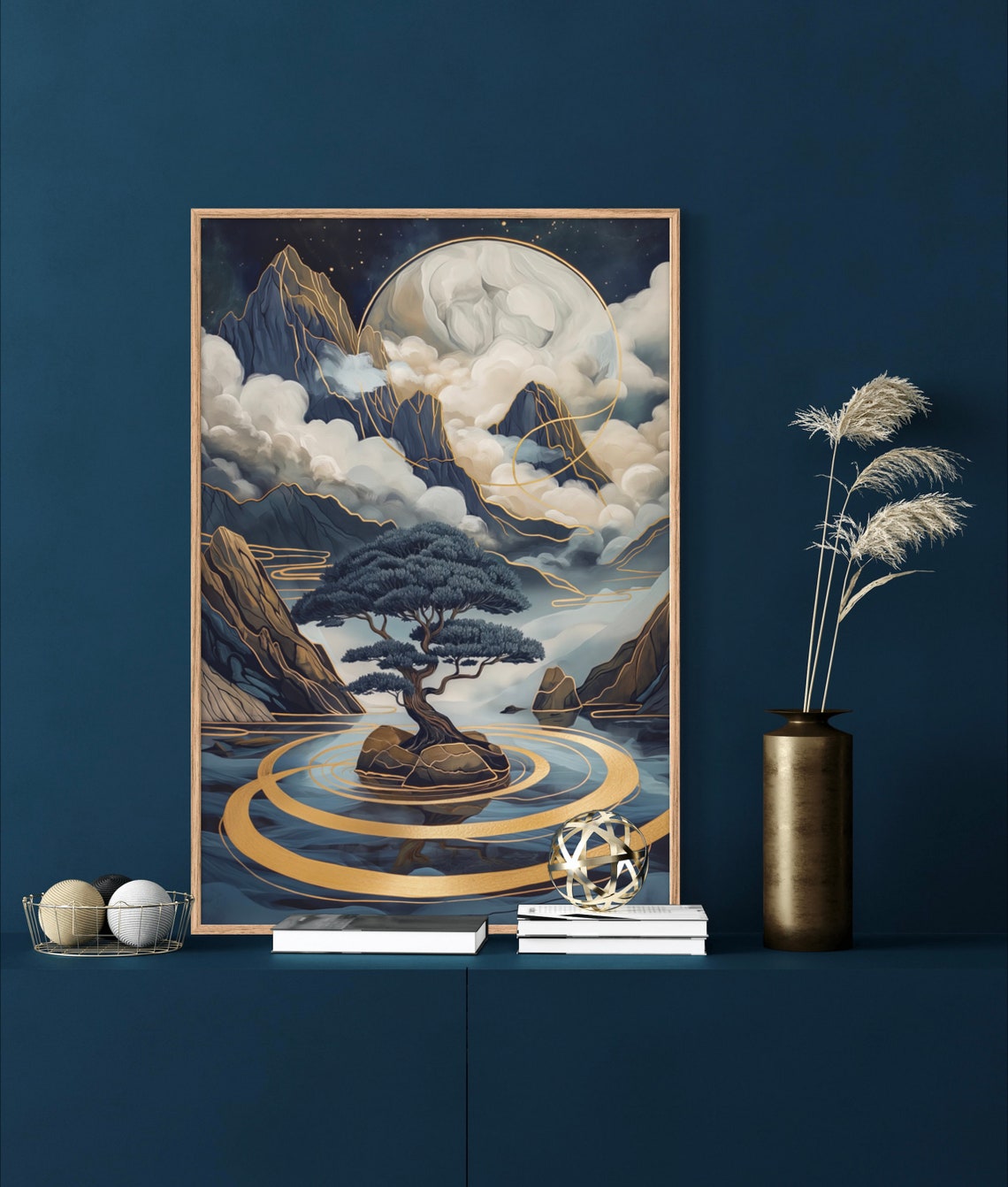 Zen Bonsai Tree Golden Moon Night Mountain Lake Meditation Poster
