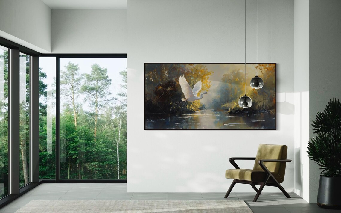 White Heron Art Print, Serene River Landscape - Image 4