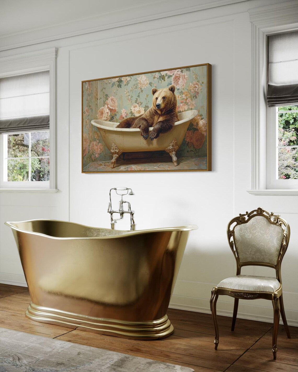 Grizzly Bear Lounging In Vintage Bathtub Floral Wallpaper Funny Art Poster - Image 5