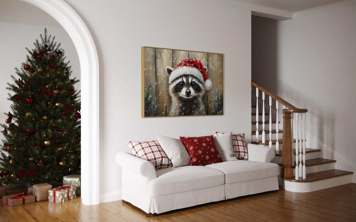 Cute Raccoon Santa Hat Snowy Woodland Christmas Wildlife Poster - Image 4