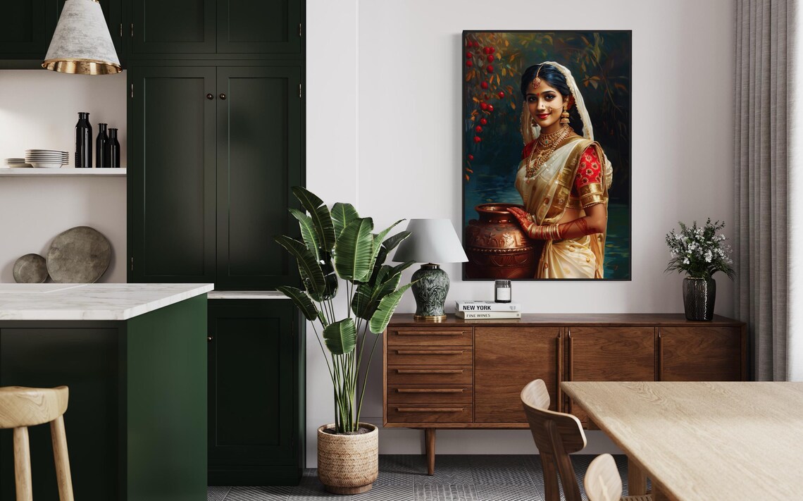 Elegant Indian Woman Portrait Red White Sari Gold Jewelry Art Print - Image 4