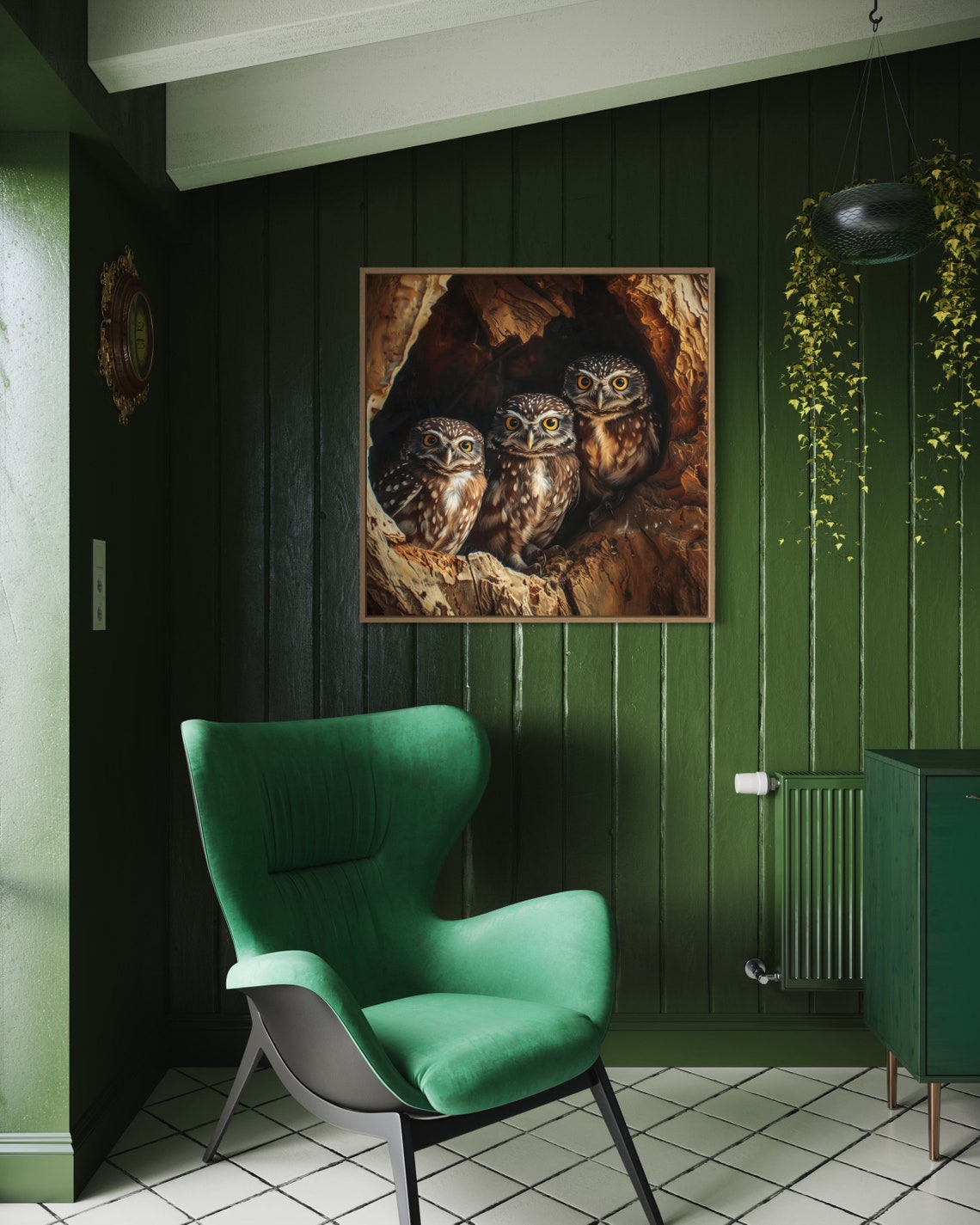 Adorable Trio Of Burrowing Owls Tree Hollow Portrait Art Print - Image 4