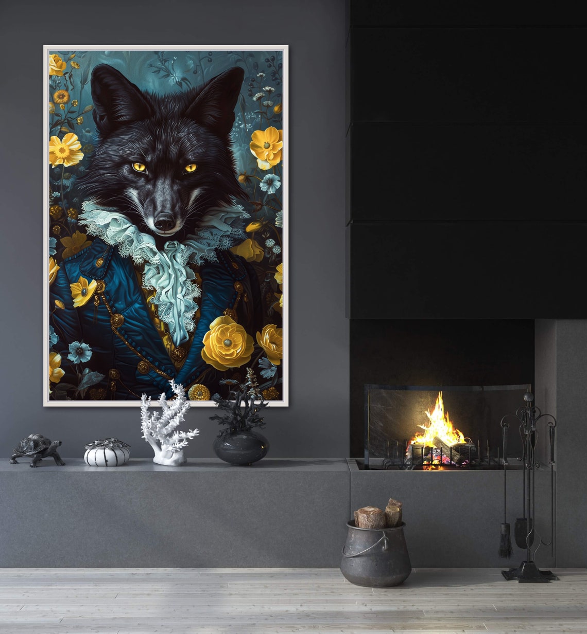 Victorian Fantasy Black Fox Yellow Eyes Regal Floral Art Poster - Image 5