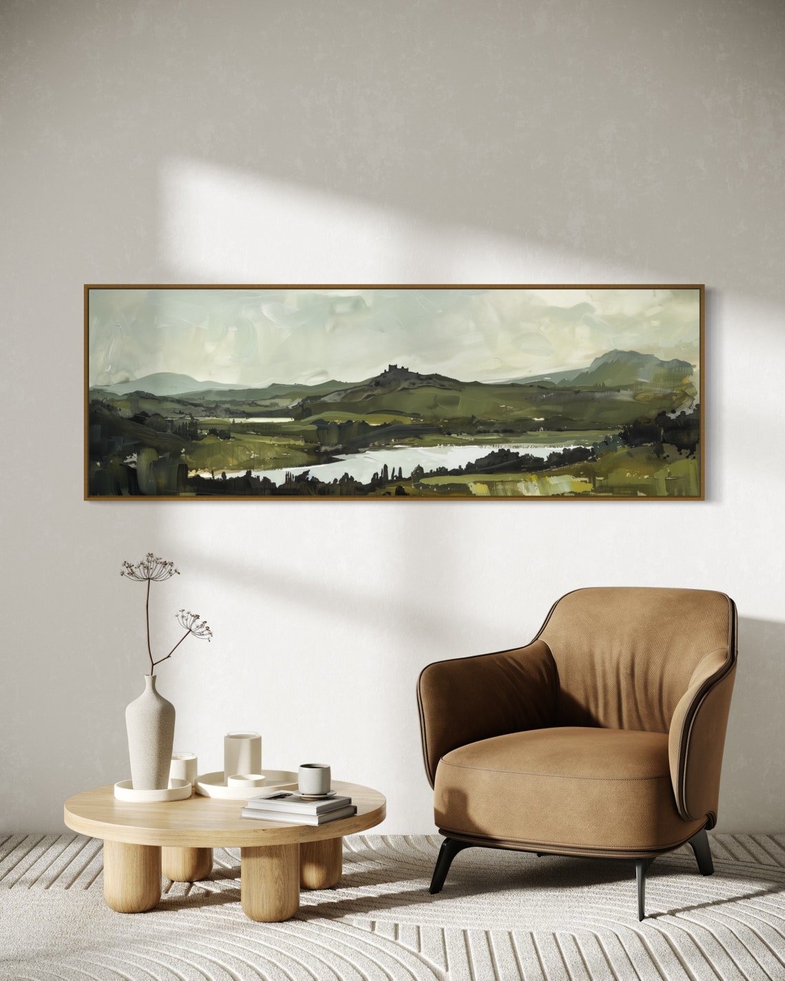 Rolling Hills Resplendence Atmospheric Castle Silhouette Over Mountain Lake Panoramic Landscape Art For Modern Home Decore - Image 5