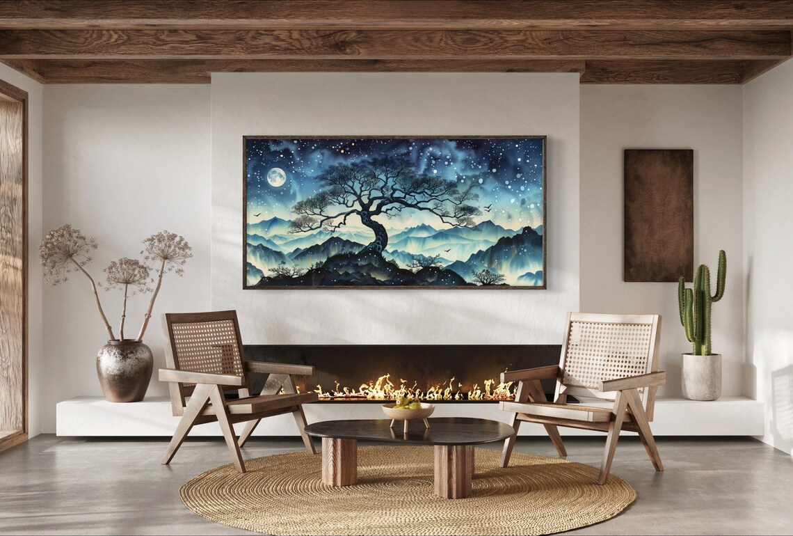 Dreamy Moonlit Landscape Atmospheric Celestial Painting Print With Old Oak Tree Modern Mountain Art For Above Bed Decor Panoramic Print - Image 3