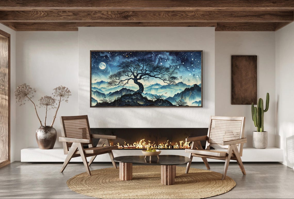 Moonlit Celestial Tree Starry Night Mountains Dreamy Art Poster - Image 3