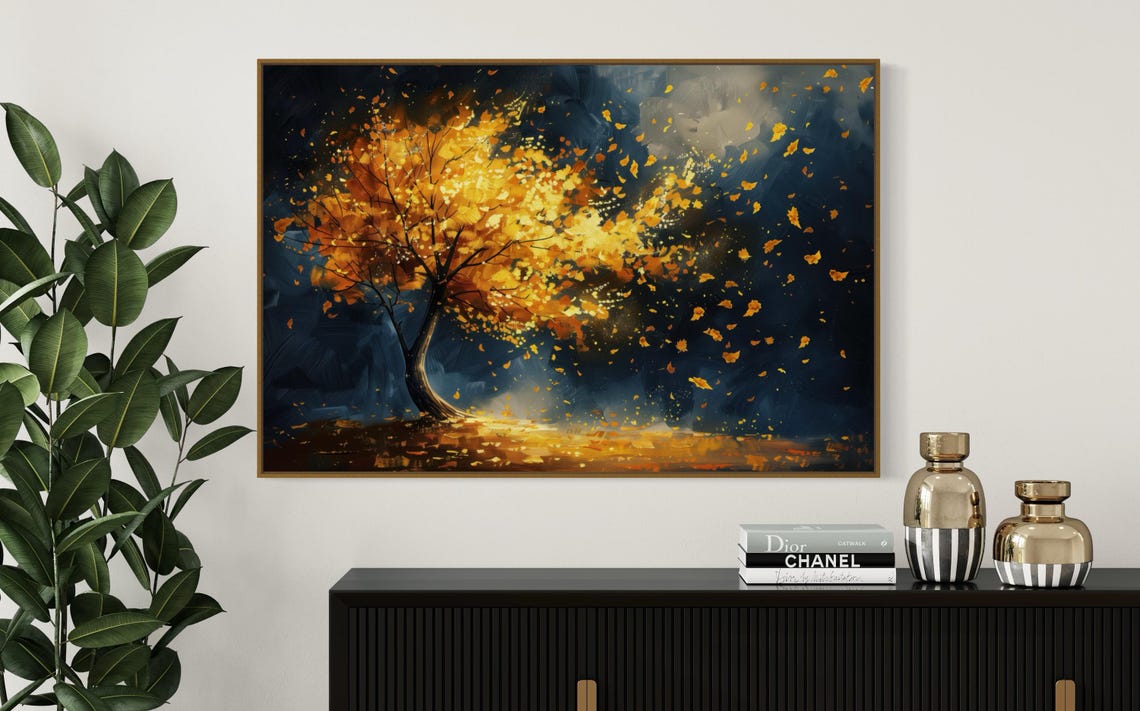 Golden Tree Autumn Leaves Windy Night Dramatic Landscape Art Print