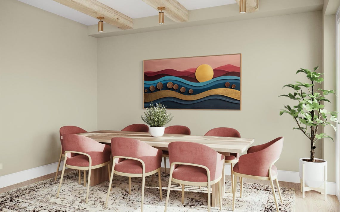 Pink Sunset Abstract Waves Layered Boho Panoramic Modern Wall Poster - Image 4
