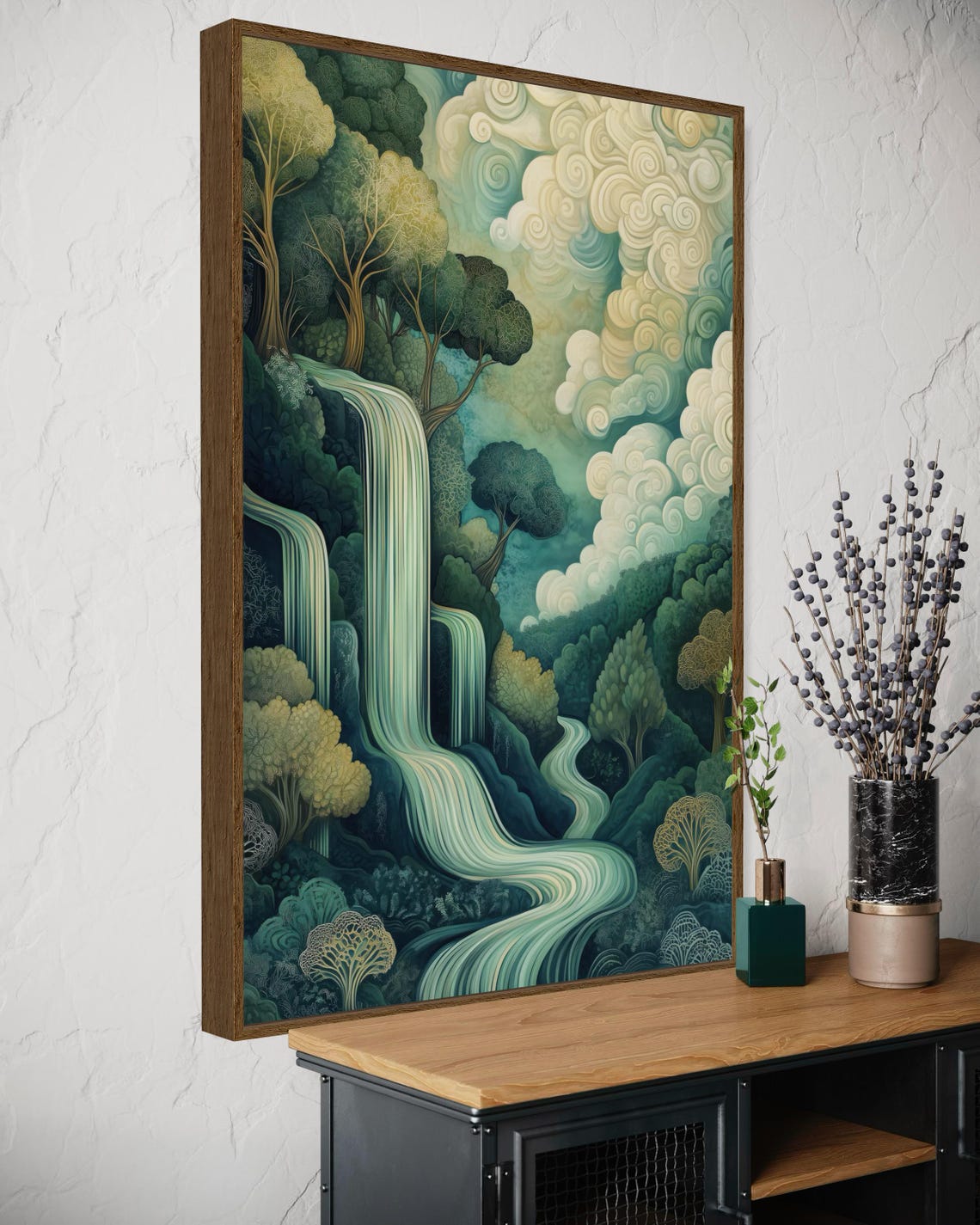 Dreamy Teal Waterfall Enchanted Forest Whimsical Nature Wall Poster - Image 4