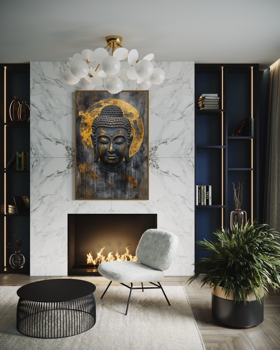 Black Gold Buddha Face Golden Halo Serene Zen Meditation Art Poster - Image 3