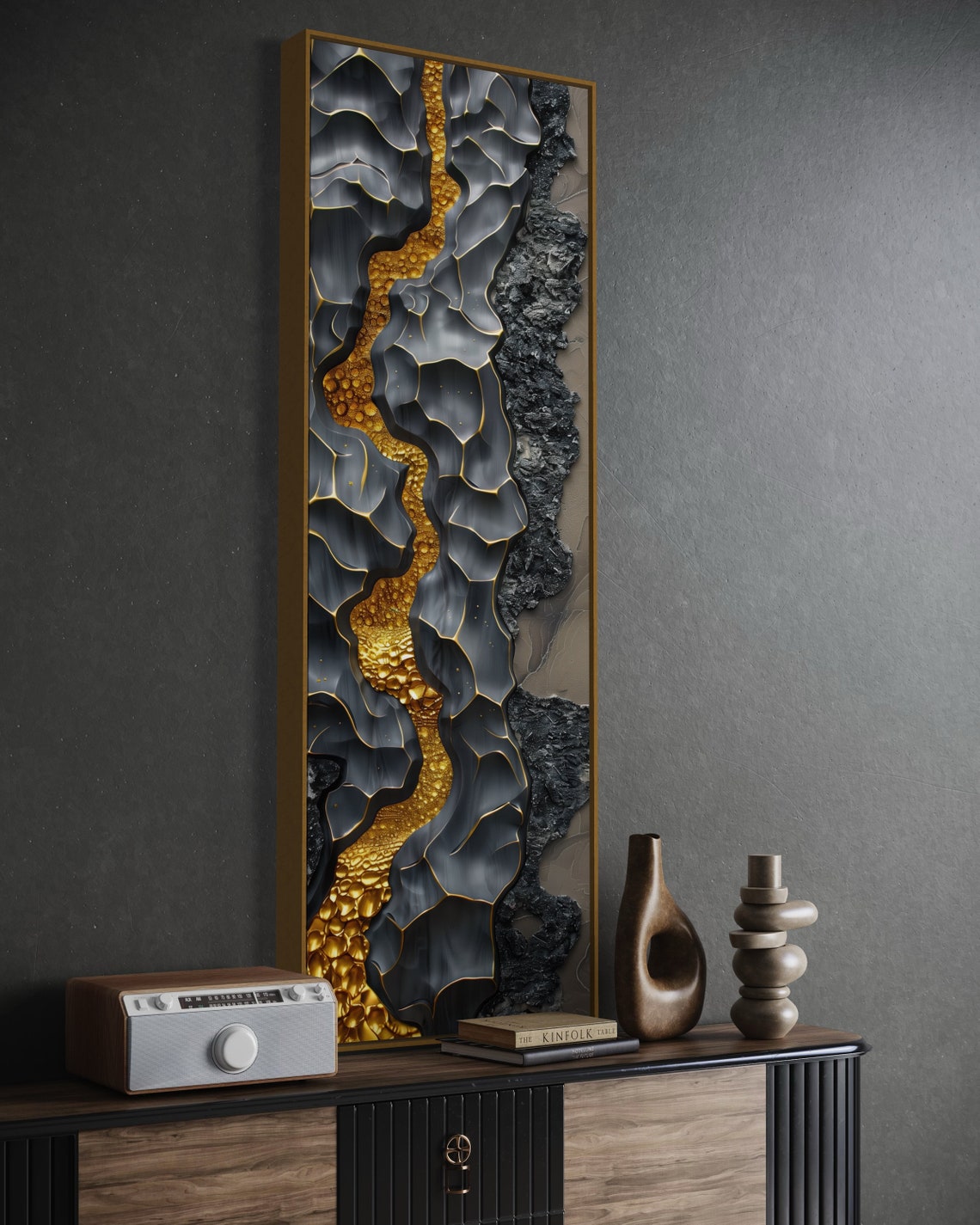 Black Gold Abstract Golden River Flowing Through Dark Rock Art Poster - Image 4