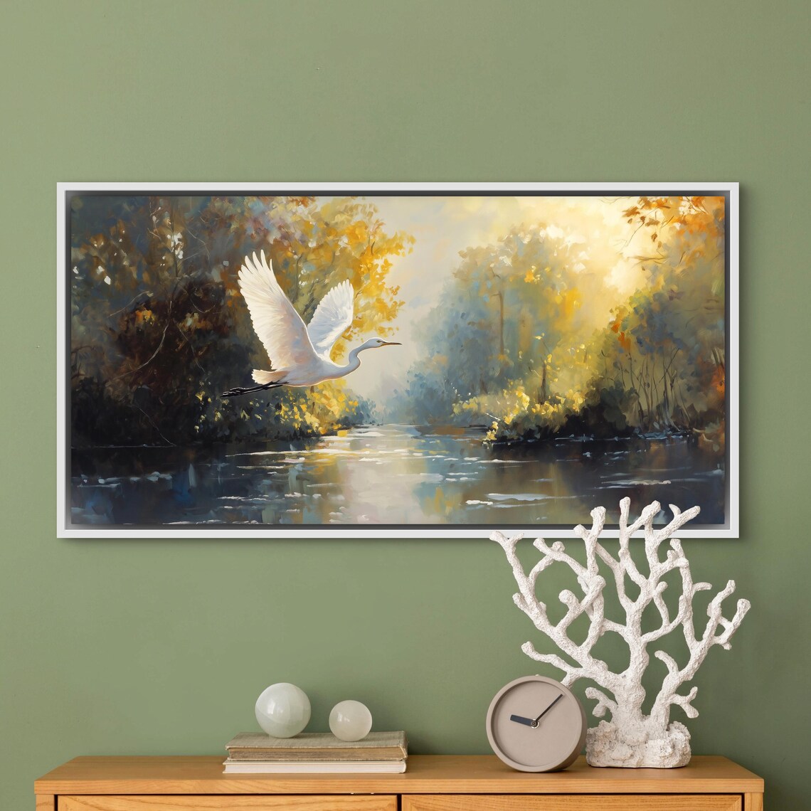 White Heron Art Print, Serene River Landscape