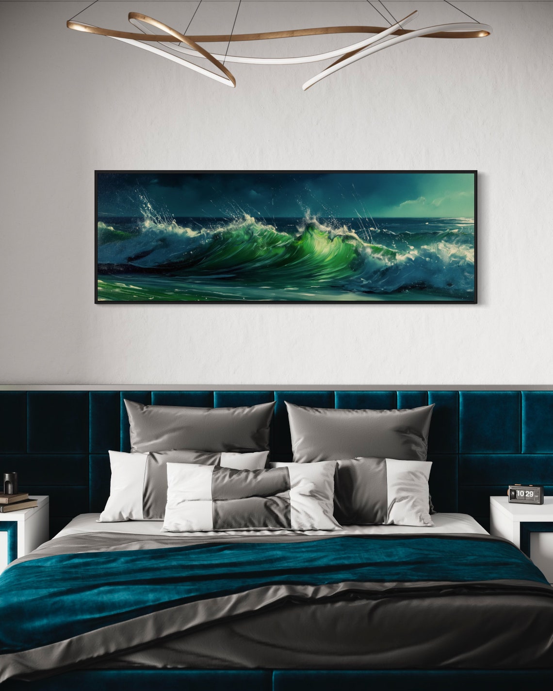 Dramatic Emerald Green Ocean Wave Crashing Moonlight Panoramic Poster - Image 4