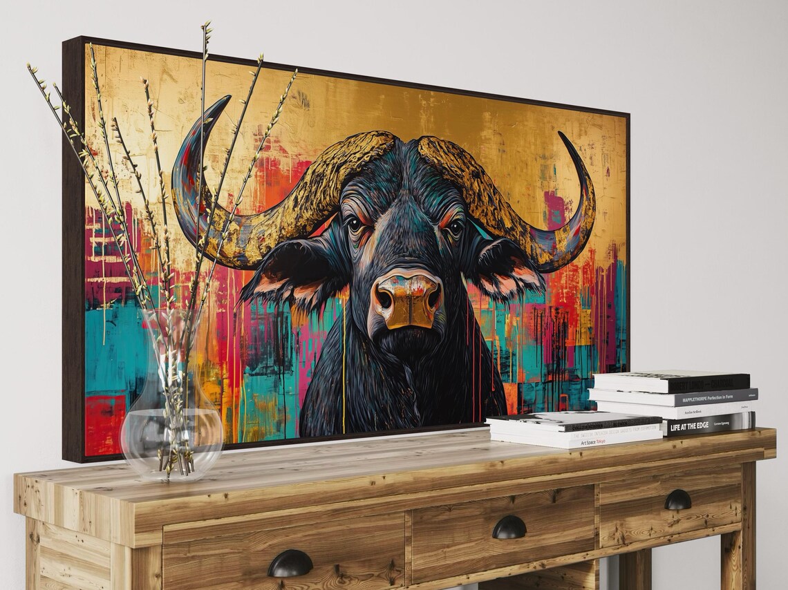 Bold African Buffalo Turquoise Gold Modern Safari Statement Wildlife Print - Image 3