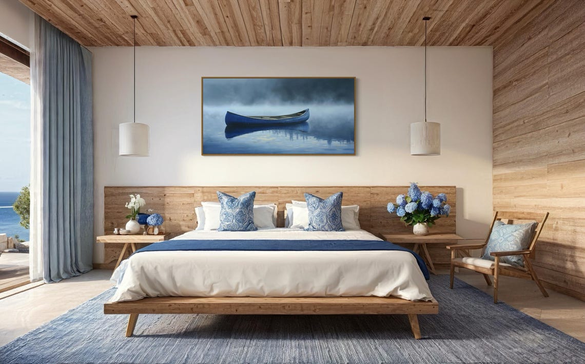 Blue Canoe on Misty Calm Lake Reflection Minimalist Art Poster - Image 4