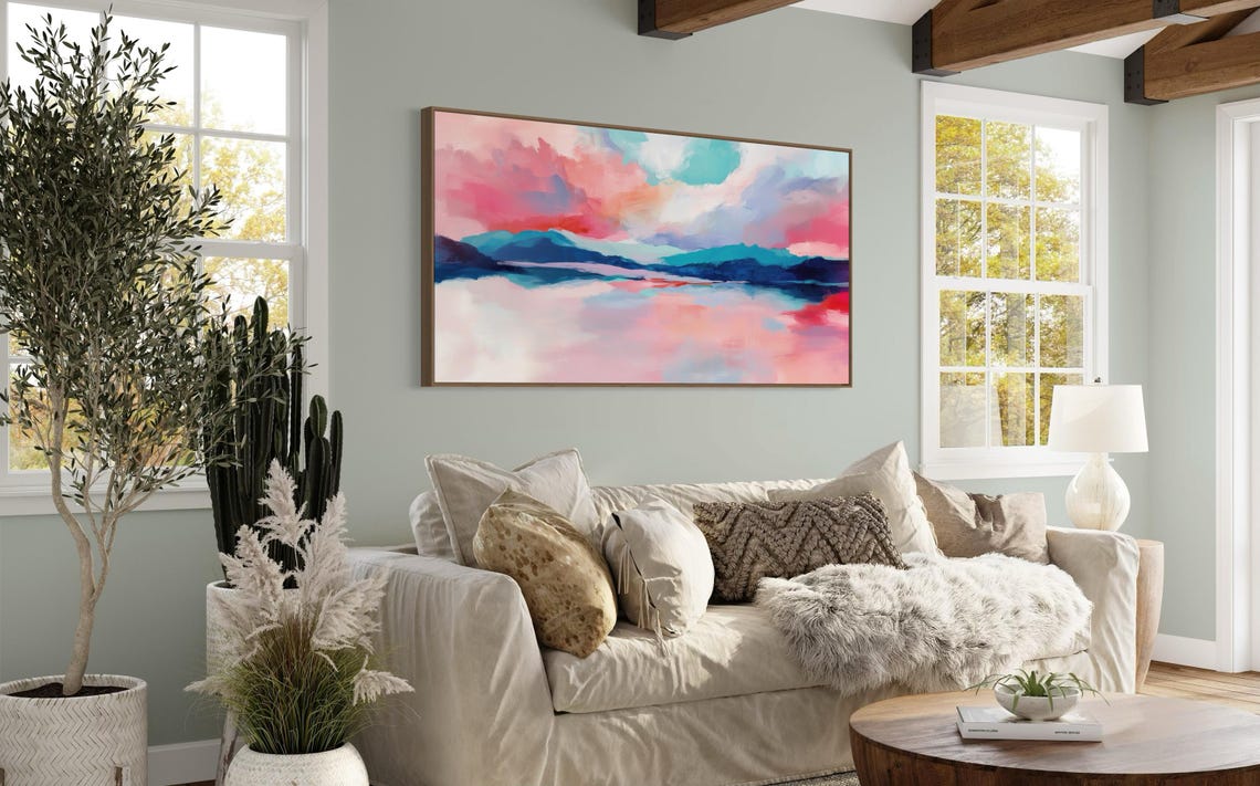Elegant Bright Abstract Pink Blue Lake Landscape Panoramic Art Print - Image 5