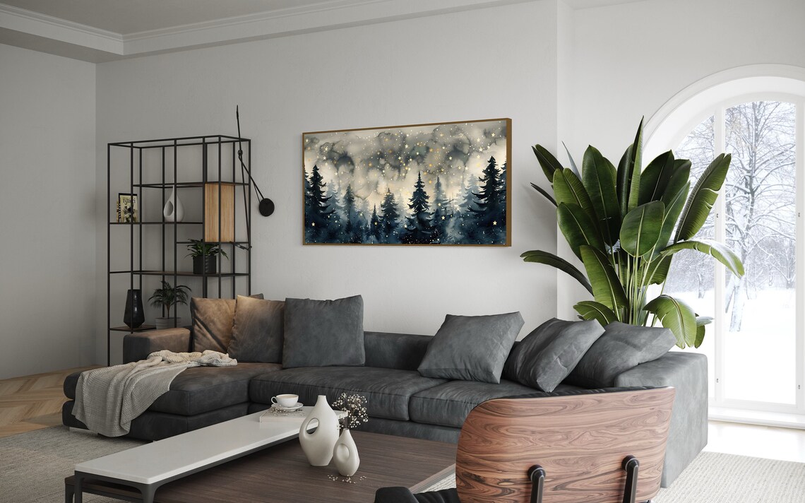 Starry Night In The Foggy Forest Panoramic Pine Tree Art Print Moody Greenery Wall Decor For Above Bed - Image 4