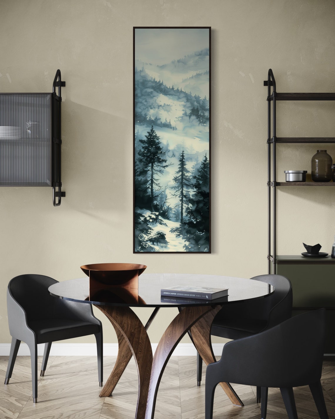 Misty Blue Pine Forest Snowy Mountain Fog Tall Narrow Vertical Poster - Image 2
