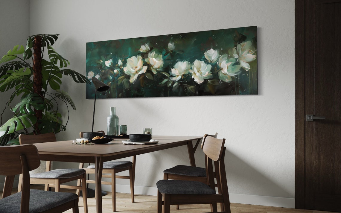 Moody White Magnolia Blossoms Dark Emerald Floral Panoramic Print - Image 4
