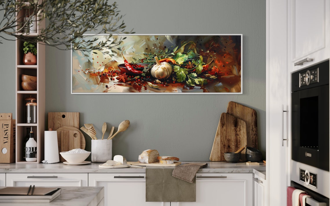 Rustic Spices Herbs Still Life Garlic Chili Pepper Panoramic Print - Image 2