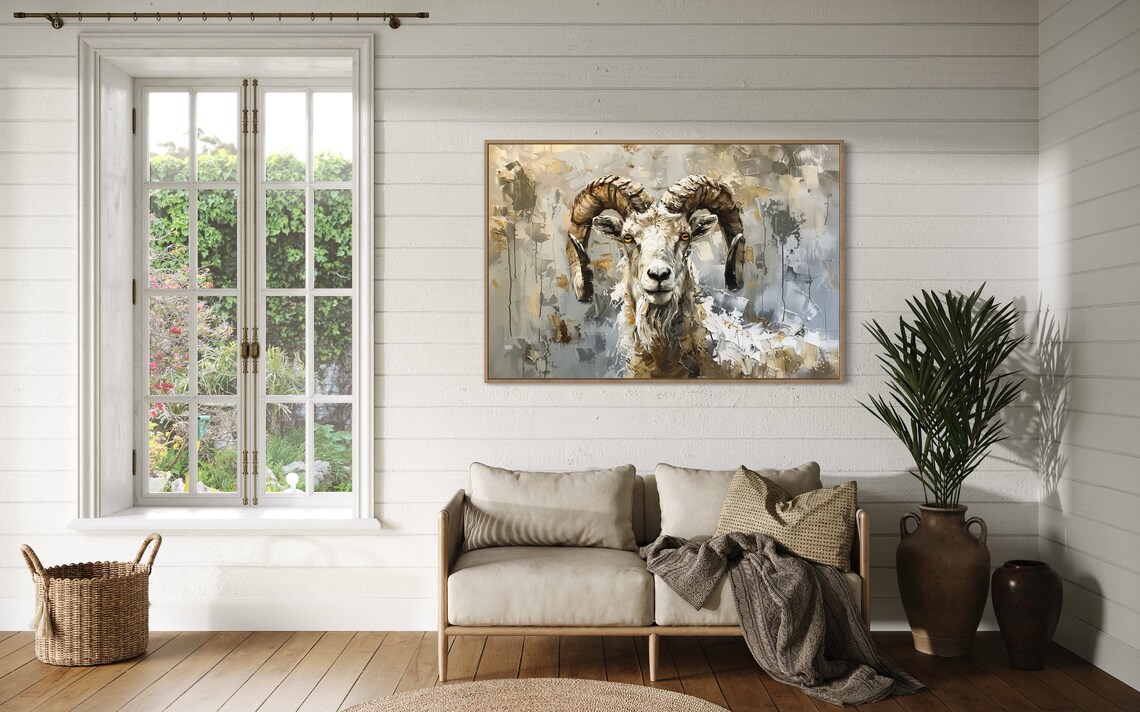 Big Horn Ram Portrait Neutral Tones Wildlife Painting Wall Art - Image 4