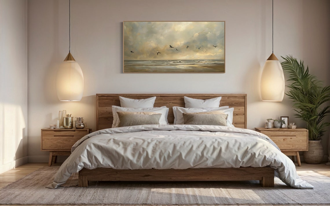 Seagulls Flying Over Moody Golden Ocean Seascape Rustic Wall Art - Image 3