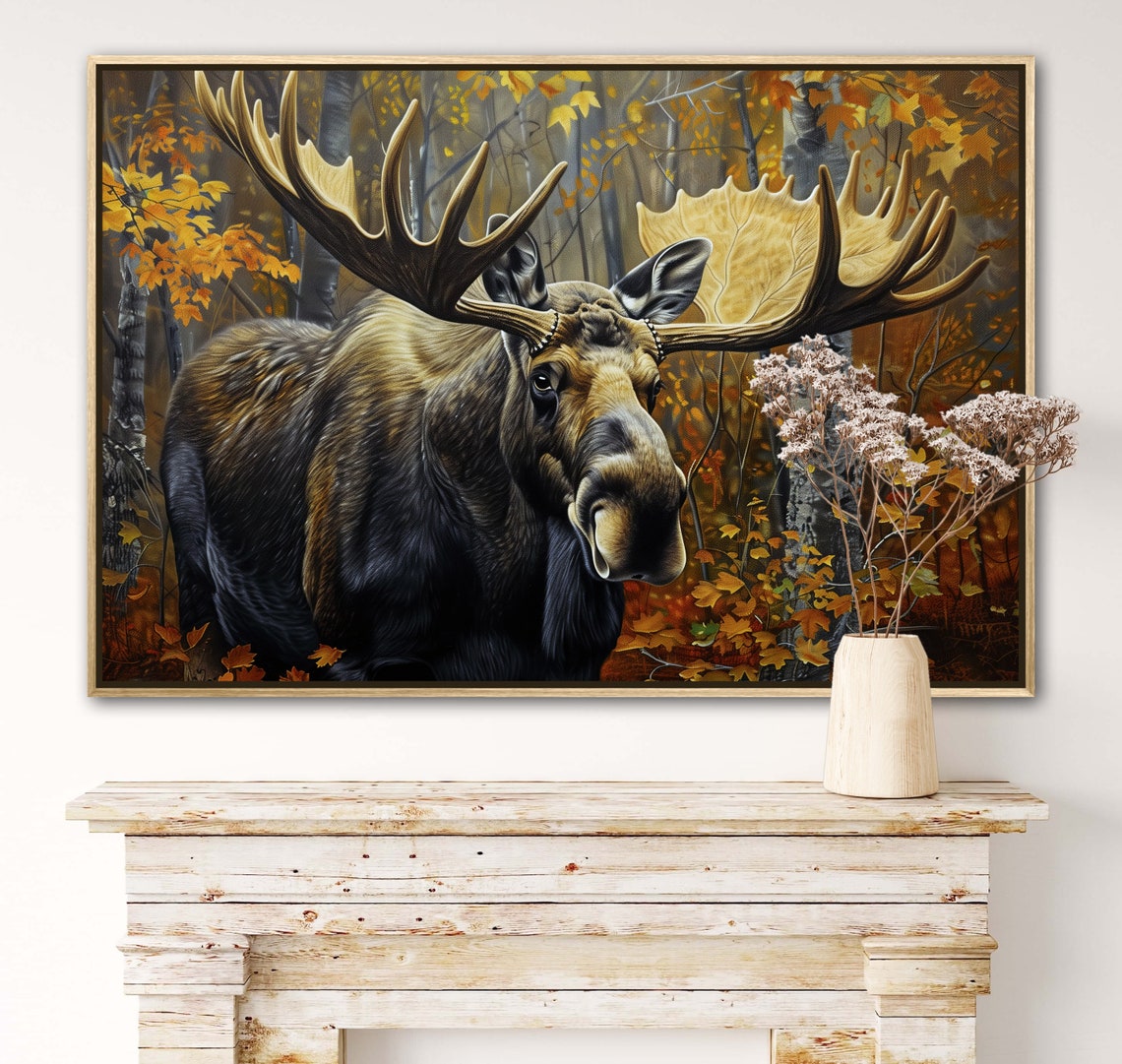 Majestic Moose Autumn Forest Antlers Realistic Wildlife Painting Print