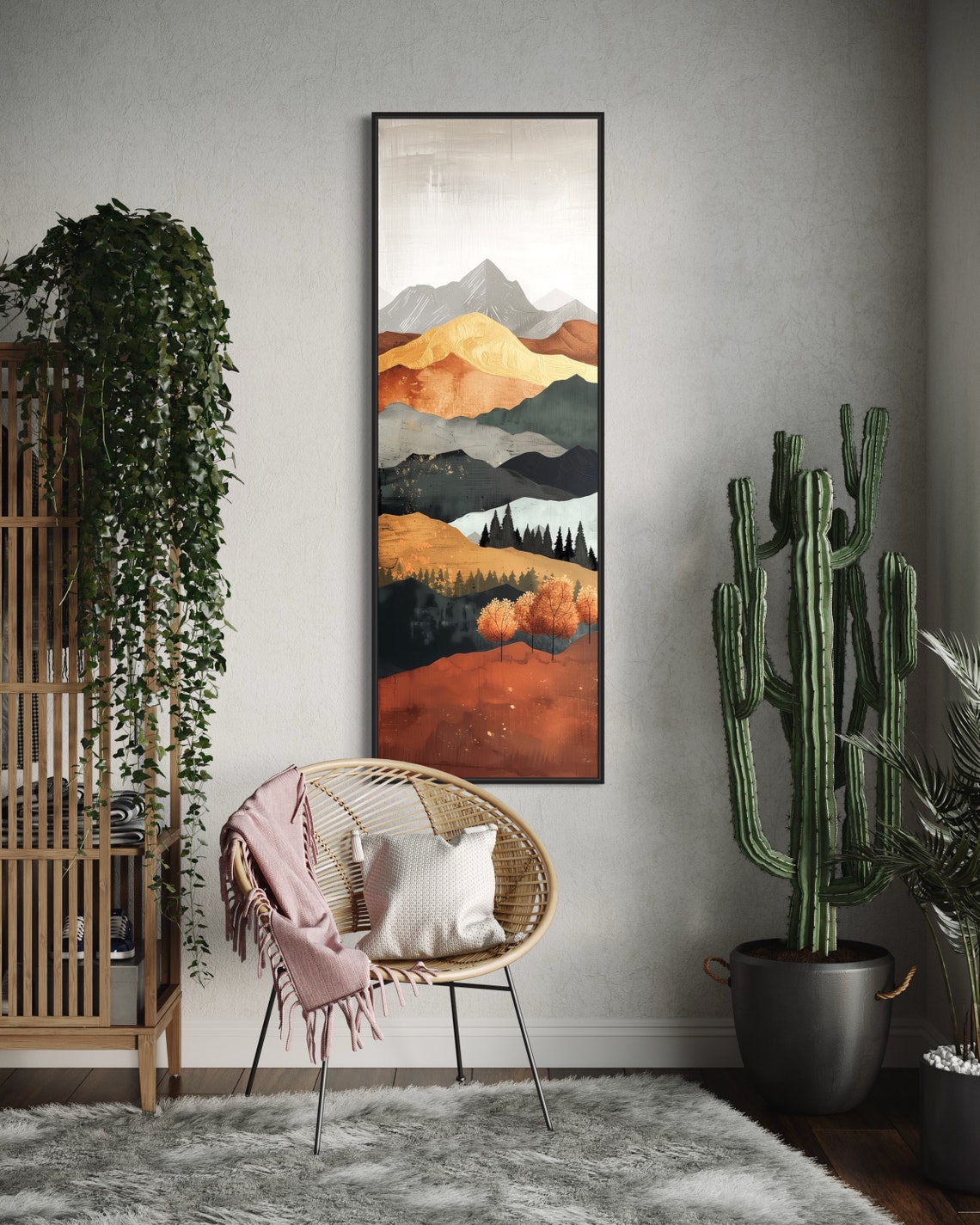 Luxury Boho Mountain Art Earth Tone Tall Vertical Painting Print For Long Narrow Wall Decor Minimalist Mountain Print - Image 2