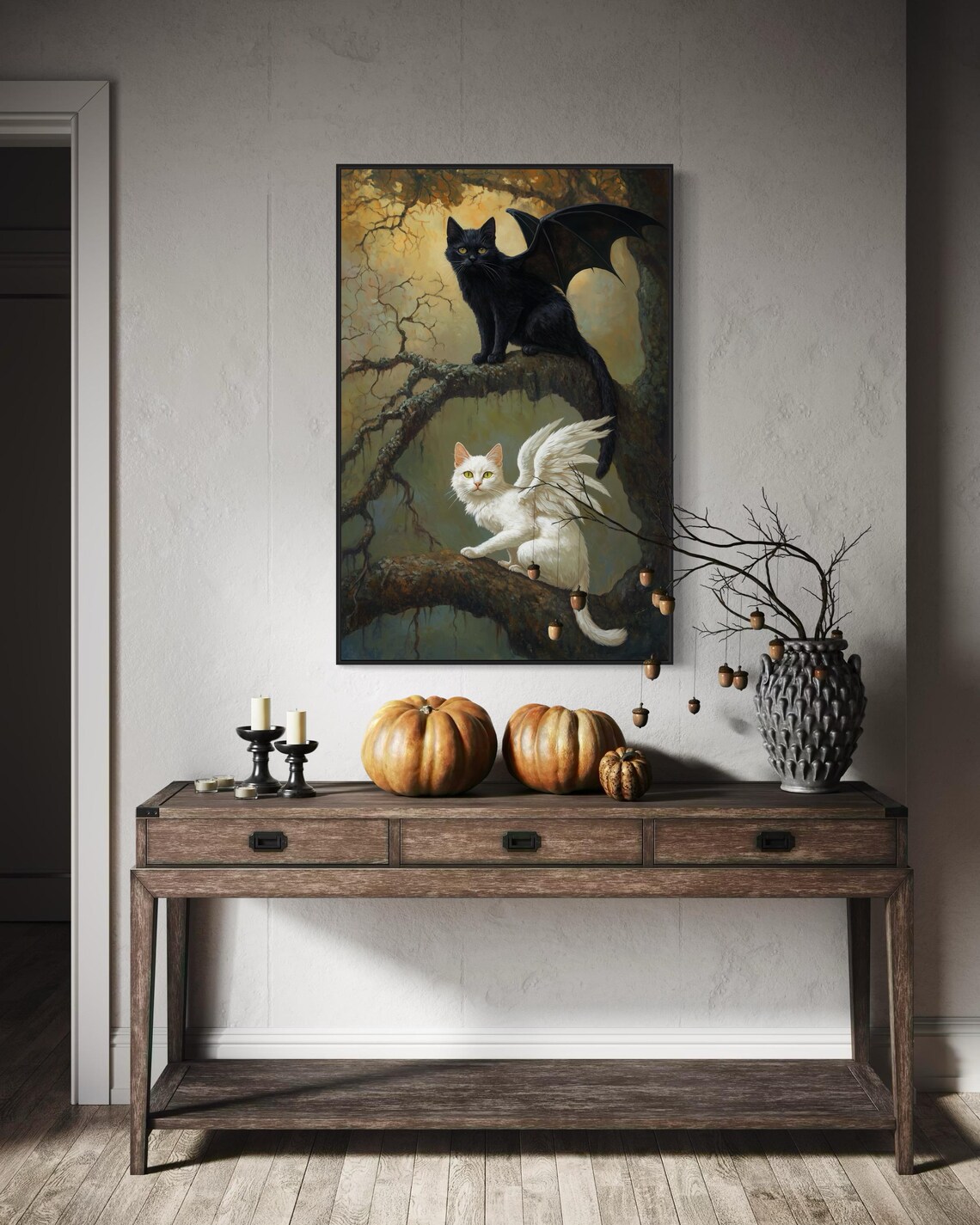 Fantasy Cat Print, Gothic Winged Cats in Forest - Image 3