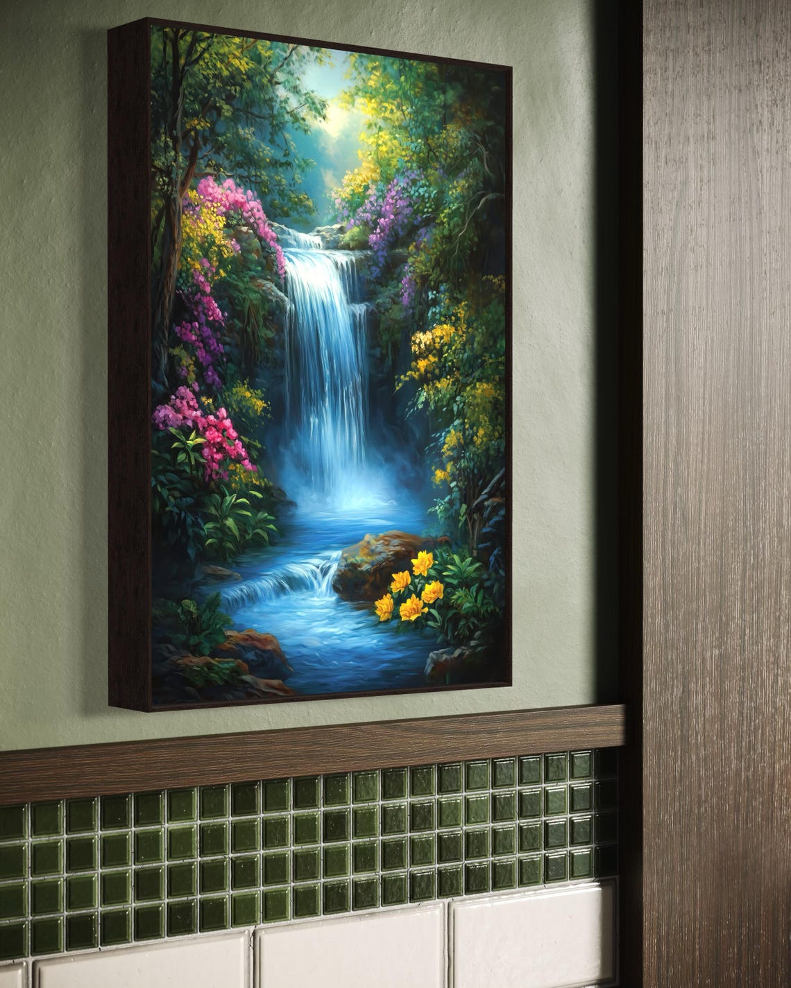 Mystical Waterfall Lush Forest Blossoms Zen Cottagecore Nature Print - Image 3