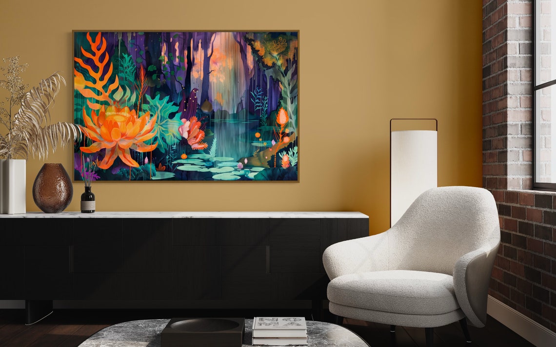 Psychedelic Neon Jungle Lotus Pond Purple Teal Fantasy Wall Art - Image 2