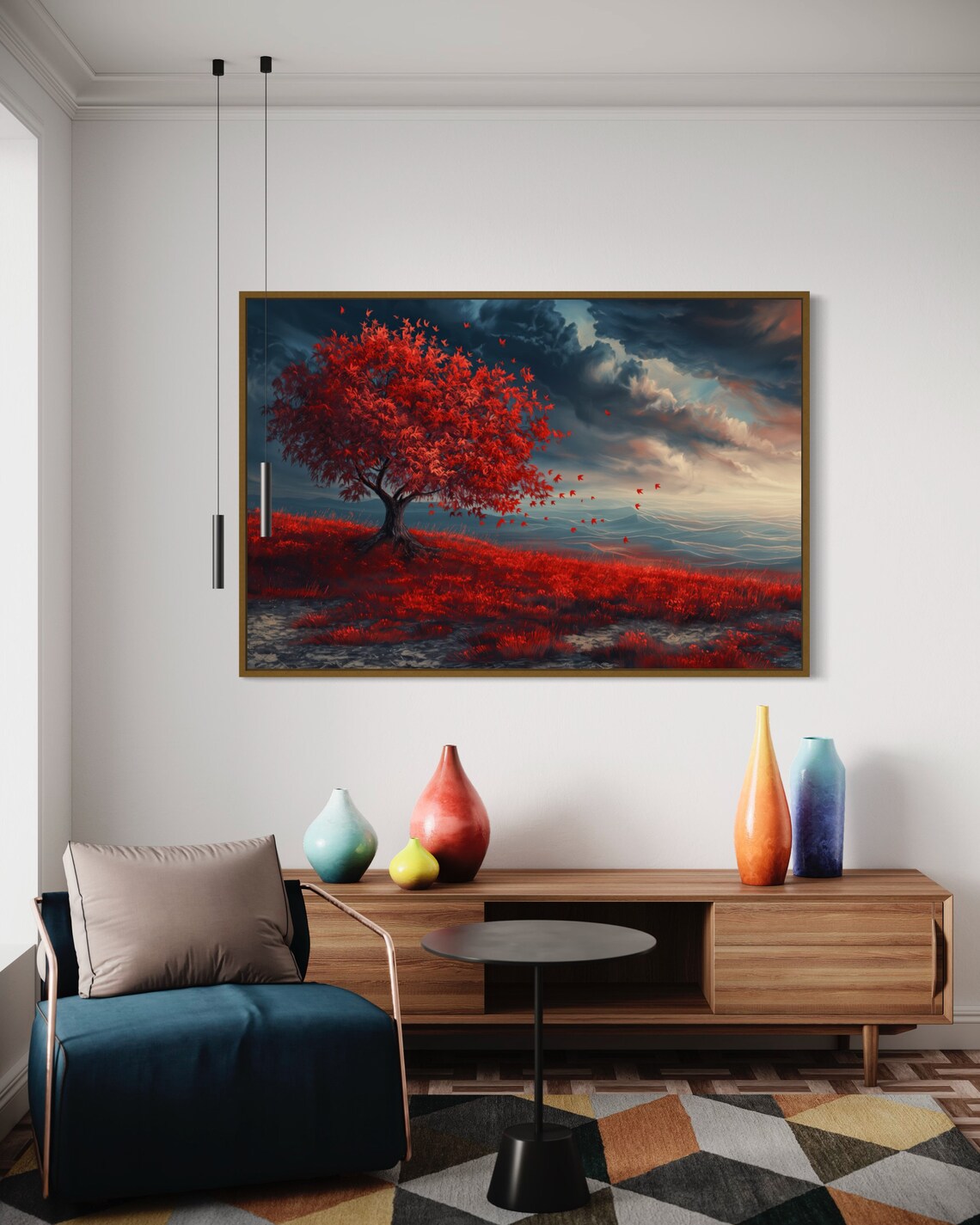 Dramatic Red Tree Dramatic Sky And Surreal Panoramic Landscape Print Beautiful Wall Art For Accent And Coquette Room Decor - Image 3