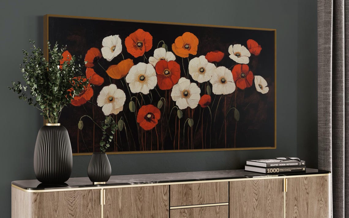 Red White Poppy Flowers Dark Background Panoramic Rustic Poster - Image 5