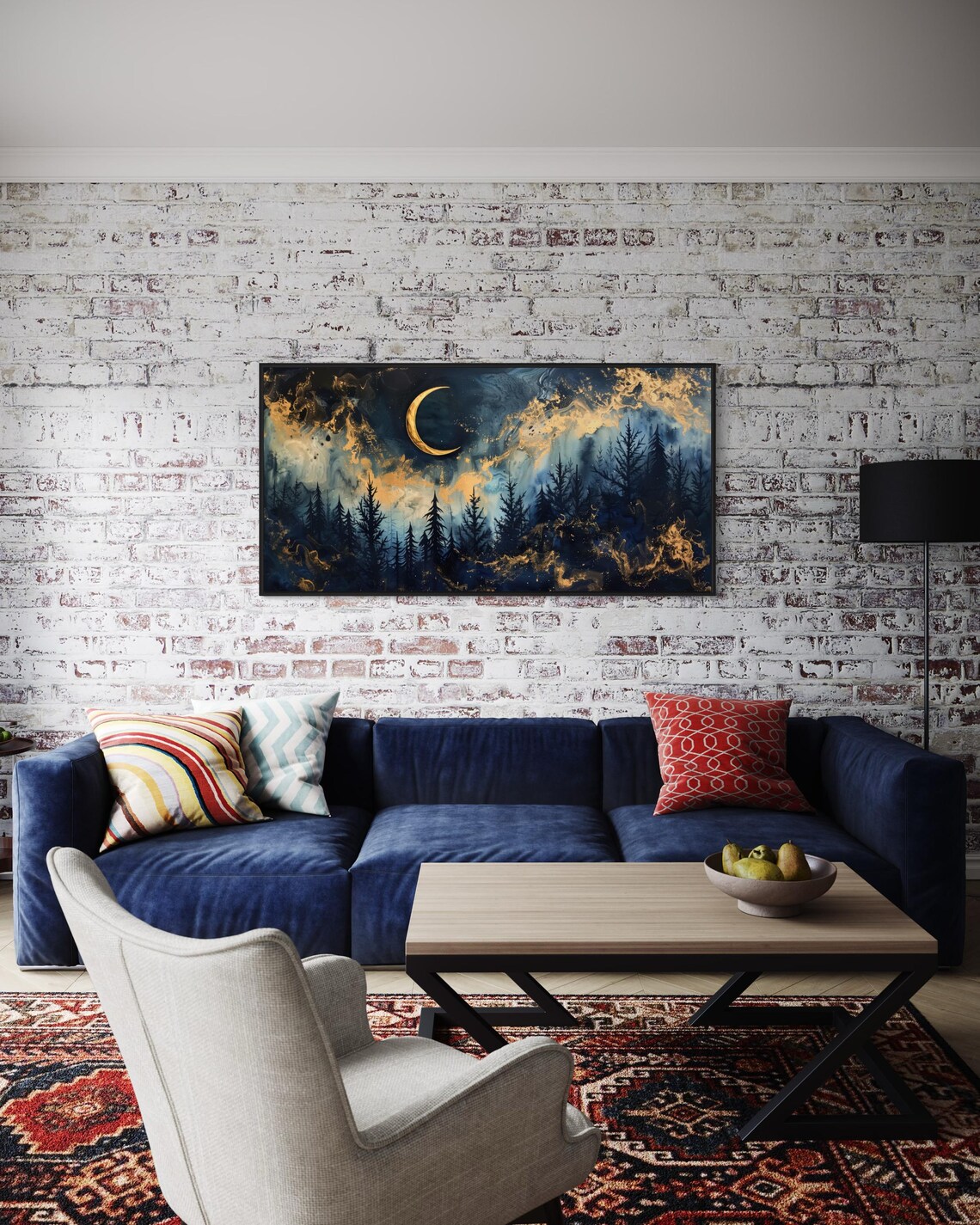 Dreamy Celestial Forest Panorama Starry Night Print And Crescent Moon Art On Navy Blue For Moody Long Narrow Wall Decor - Image 5