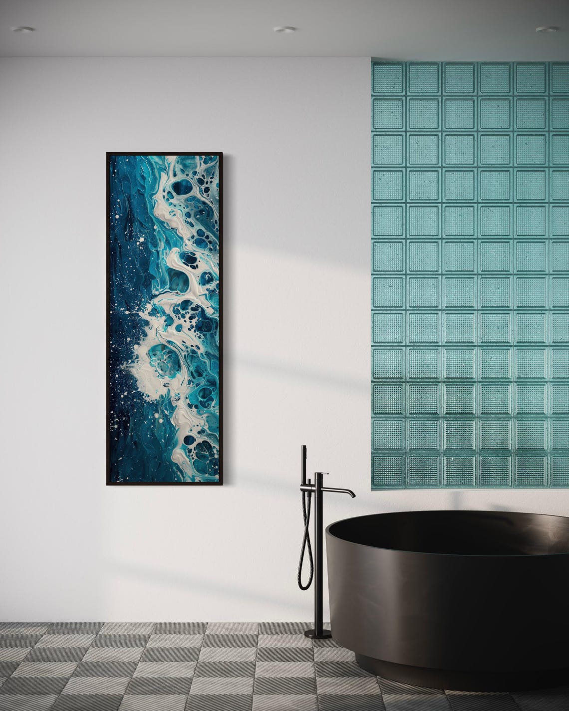 Relaxing Ocean Waves Abstract Blue White Fluid Tall Wall Art Print - Image 3