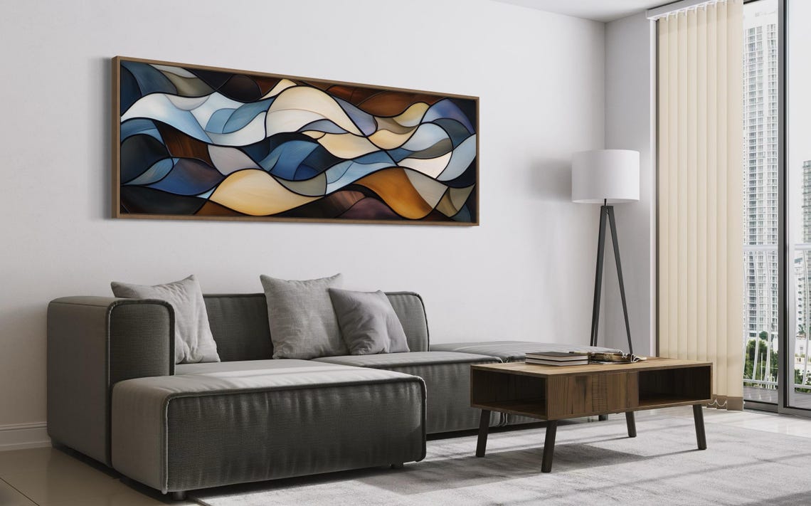 Blue Cream Abstract Waves Fluid Panoramic Stained Glass Style Poster - Image 2
