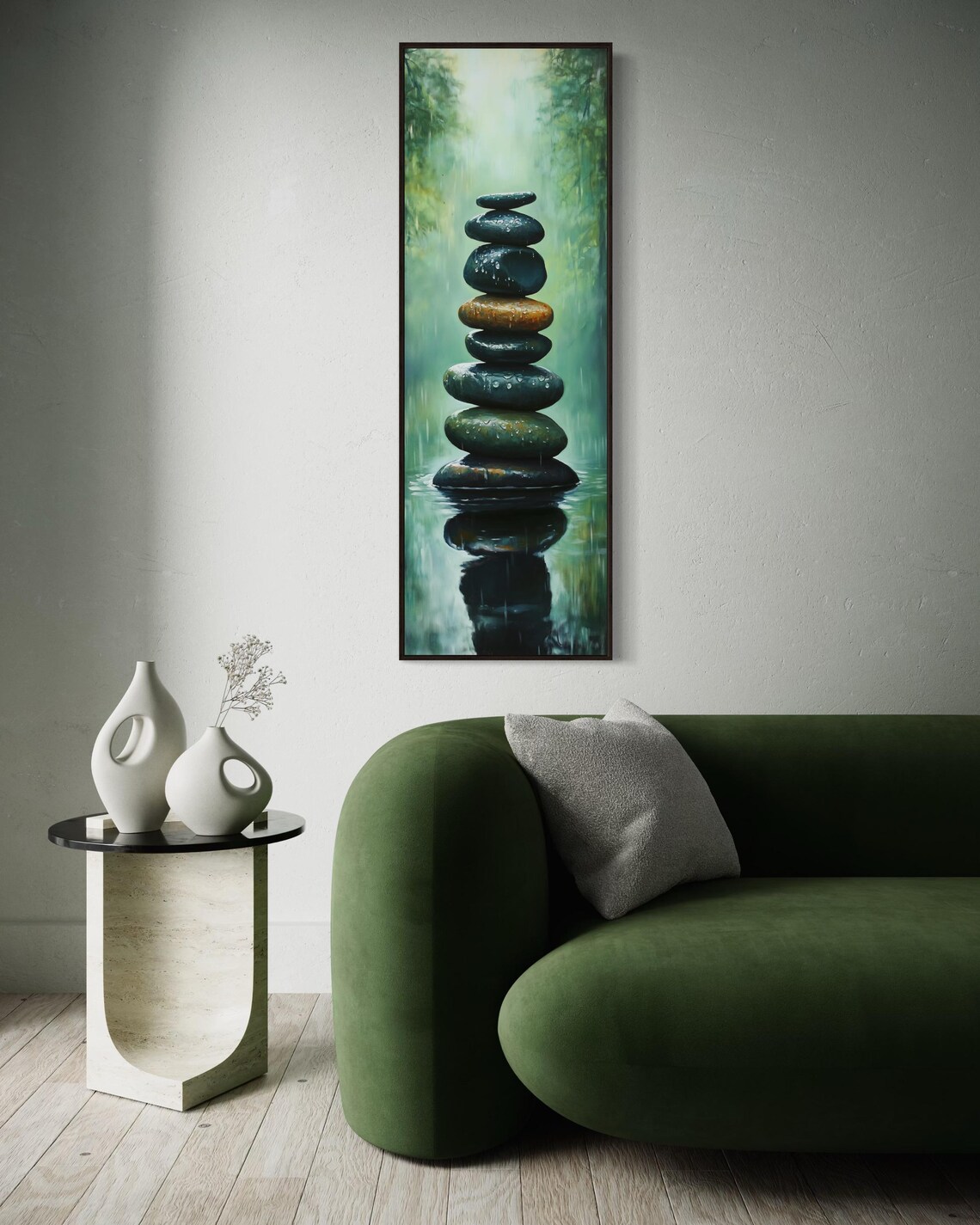 Zen Balancing Stones Cairn Misty Forest Water Reflection Meditation Art Poster - Image 4