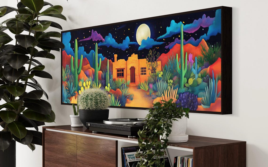 Moonlit Desert Cactus Adobe House Night Southwest Boho Panoramic Print - Image 2