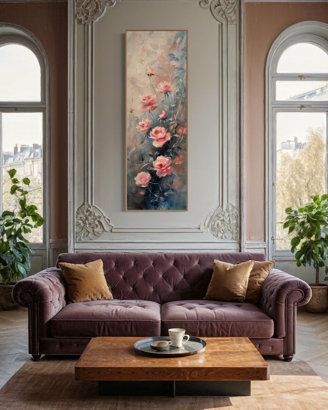 Pink Roses Abstract Floral Painting Vertical Narrow Wall Art Print - Image 3