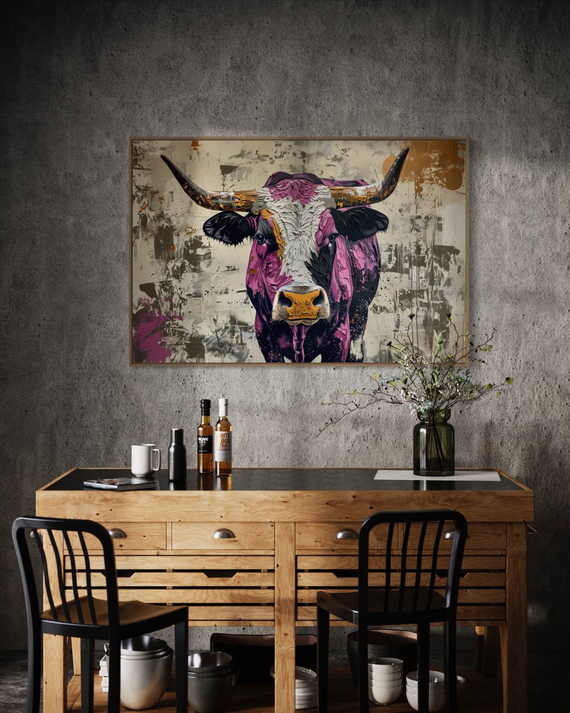 Colorful Longhorn Cow Portrait Rustic Charm Earth Tone Art Poster - Image 4