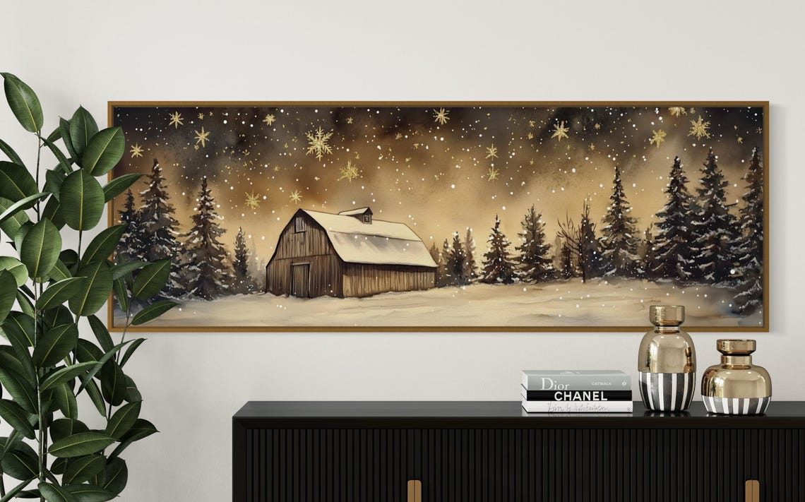 Rustic Snowy Barn Winter Night Golden Snowflakes Farmhouse Wall Art - Image 4
