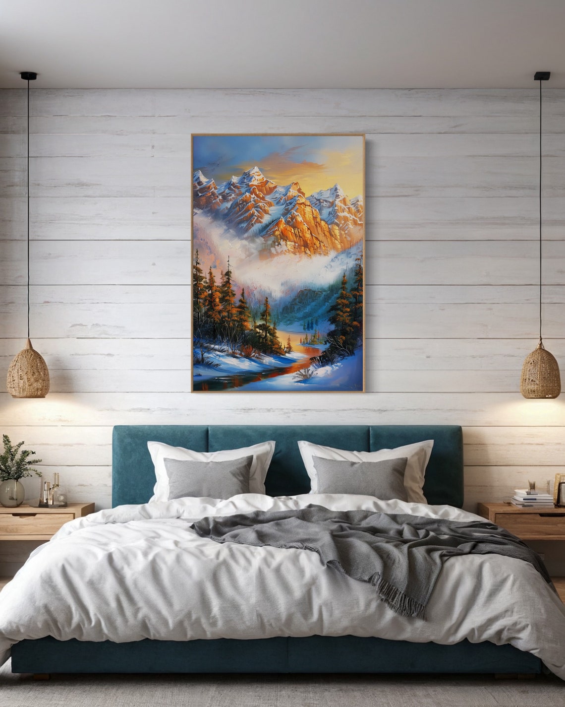 Sunrise Snowy Mountain Peaks Golden Alpine Glow River Pines Art Poster - Image 3