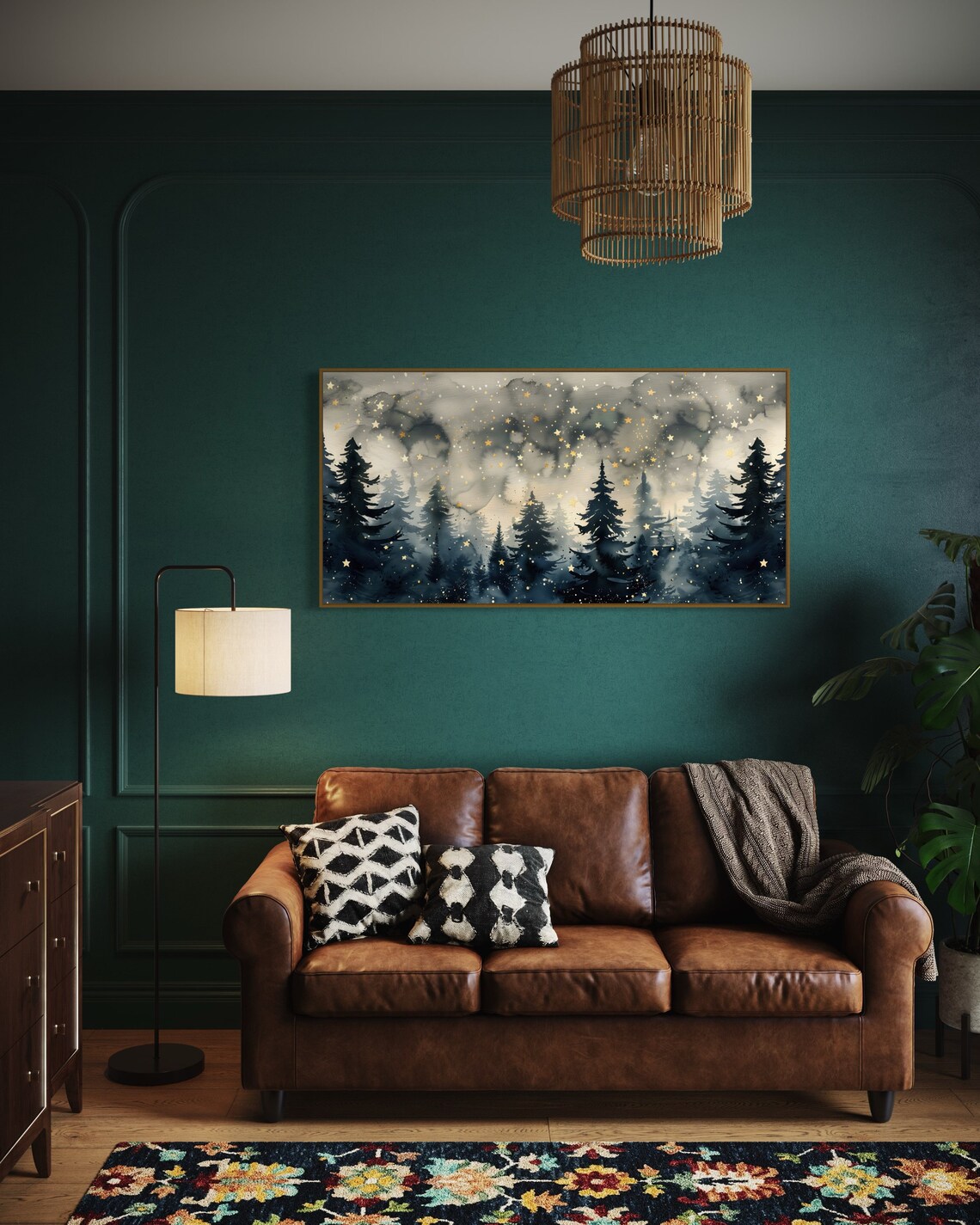 Starry Night In The Foggy Forest Panoramic Pine Tree Art Print Moody Greenery Wall Decor For Above Bed - Image 3