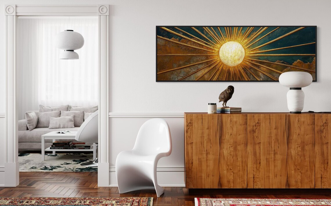 Golden Sunburst Panoramic Teal and Gold Poster Print - Image 2