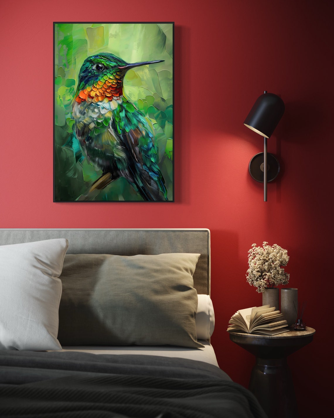 Colorful Hummingbird Oil Painting Green Impasto Bird Art Print - Image 5